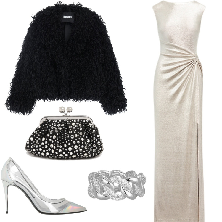 Outfit donna - Cerimonia chic. Stile Chic per Cerimonia. Abbinamento con décolleté, anelli, blazer, vestiti, pochette.