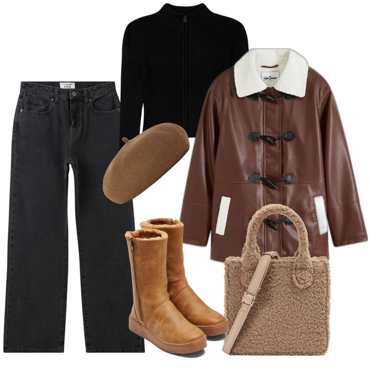 Outfit donna - Look scuro e comodo. Stile Casual per Tutti i giorni. Abbinamento con stivali, montgomery, jeans dritti, cardigans, shopping bag, cappelli e berretti.