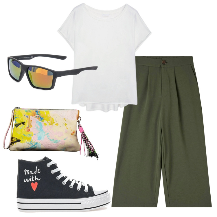 Outfit donna - Urban Curvy. Stile Urban per Tutti i giorni. Abbinamento con pantaloni a palazzo, sneakers, bluse, occhiali da sole, borse a mano.