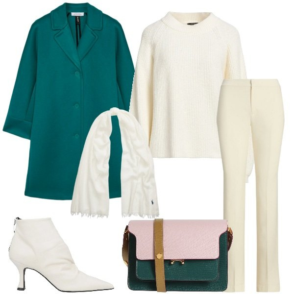 Outfit donna - ...un po\' avorio. Stile Casual chic per Ufficio. Abbinamento con pullovers, stivaletti, borse a tracolla, pantaloni, sciarpe, cappotti.