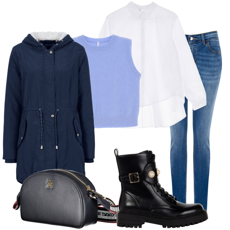 Outfit donna - Gli anfibi neri. Stile Casual per Tutti i giorni. Abbinamento con parka, anfibi, jeans skinny, maglieria, camicie, borse a tracolla.