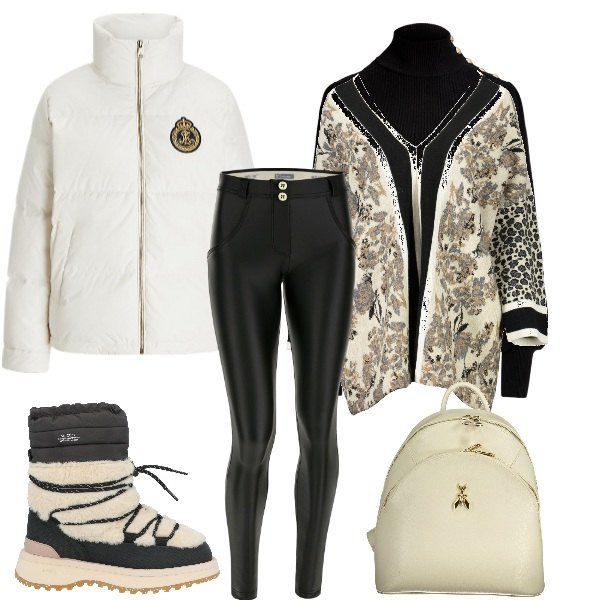 Outfit donna - Freddo e neve. Stile Casual per Tutti i giorni. Abbinamento con stivaletti, pantaloni skinny, maglieria, piumini, maglieria, zaini.