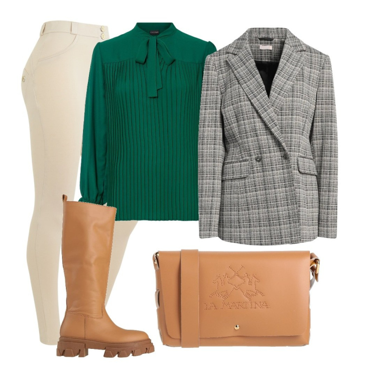 Outfit donna - Relax in verde. Stile Casual chic per Tutti i giorni. Abbinamento con bluse, stivali, blazer, borse a tracolla, pantaloni skinny.