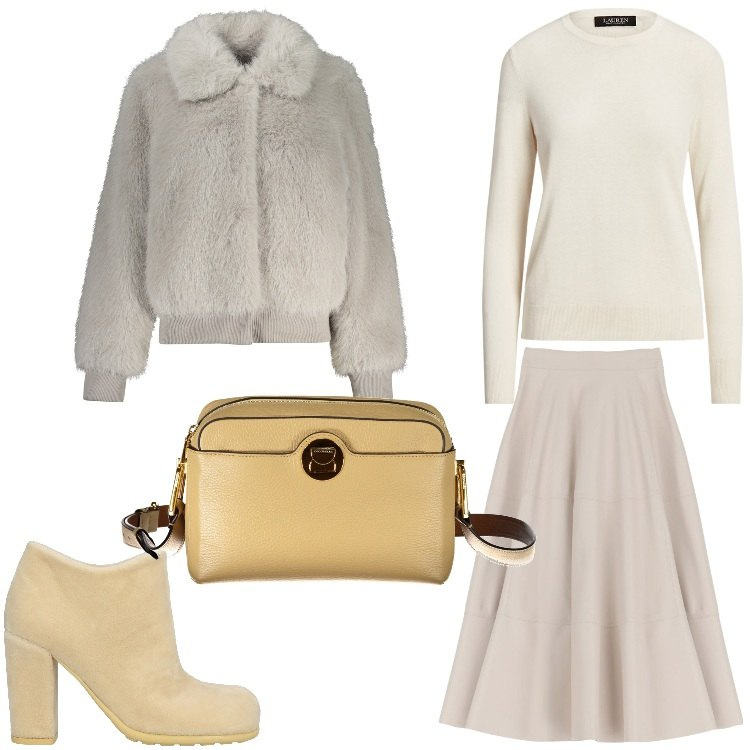 Outfit donna - Colori delicati. Stile Bon Ton per Serata fuori. Abbinamento con stivaletti, gonne longuette, maglieria, blazer, borse a tracolla.