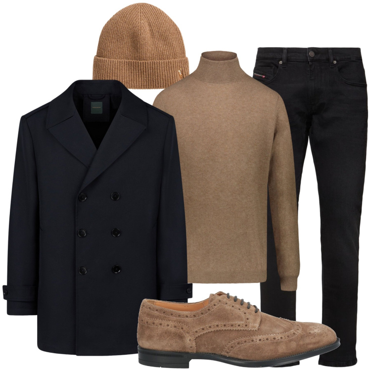Outfit uomo - Nero e marrone. Stile Casual per Ufficio. Abbinamento con scarpe stringate, berretti, maglieria, caban, jeans slim fit.