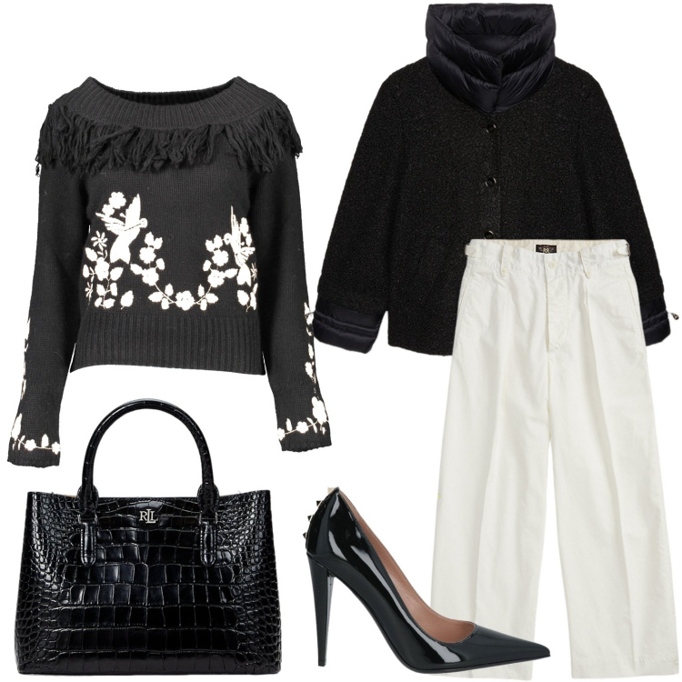 Outfit donna - Elegante con i tacchi. Stile Chic per Serata fuori. Abbinamento con décolleté, pantaloni, borse a mano, maglieria, blazer.