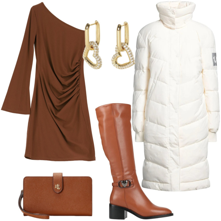 Outfit donna - L\'abito cacao. Stile Trendy per Serata fuori. Abbinamento con stivali, piumini, vestiti asimmetrici, orecchini, pochette.
