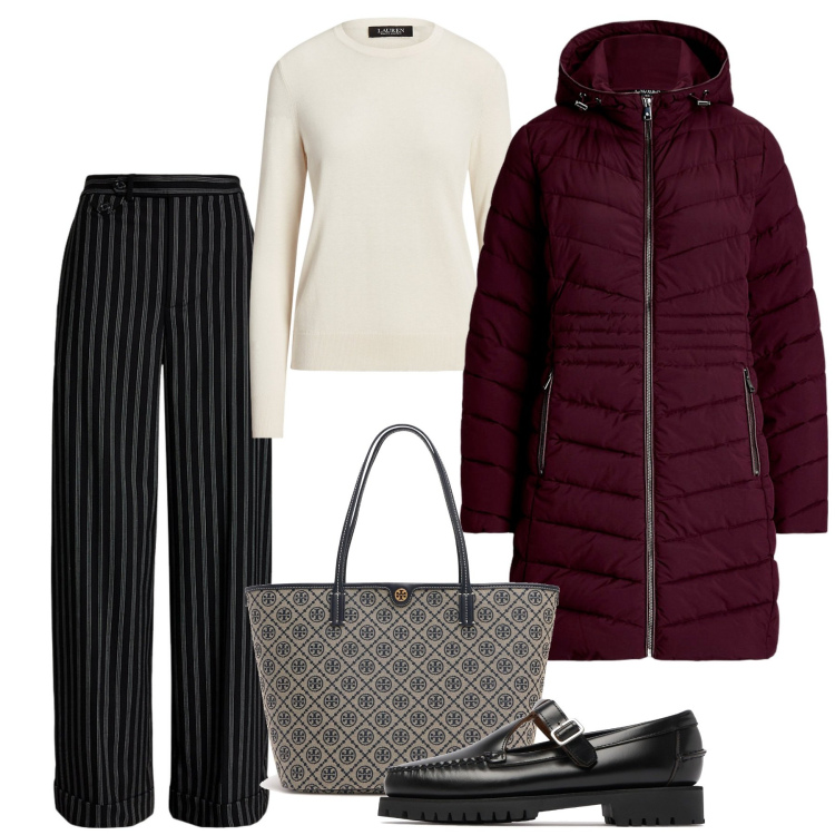 Outfit donna - Gessato senza tempo. Stile Bon Ton per Ufficio. Abbinamento con maglieria, giacche, pantaloni, mocassini, shopping bag.