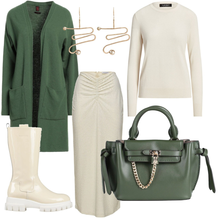 Outfit donna - Il cardigan avvolgente. Stile Casual per Ufficio. Abbinamento con cardigans, borse a mano, stivali, maglieria, gonne longuette, orecchini.