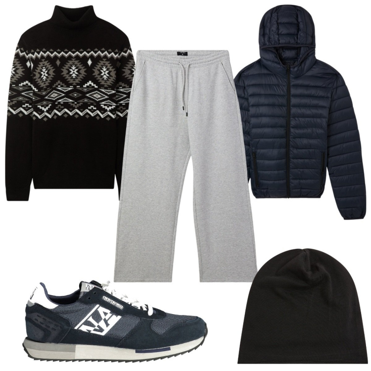 Outfit uomo - Total look #2008588. Stile Trendy per Tutti i giorni. Abbinamento con maglieria, giacche, berretti, pantaloni, sneakers.