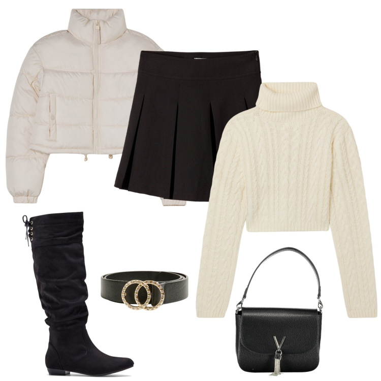 Outfit donna - Serata collage. Stile Sporty chic per Serata fuori. Abbinamento con stivali, gonne, blazer, cinture, maglieria, borse a spalla.