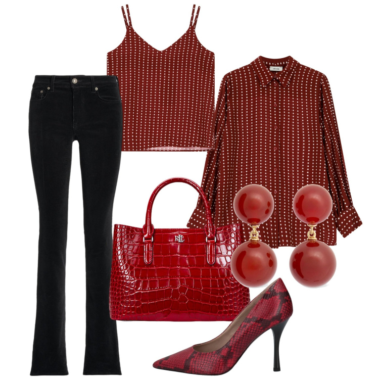 Outfit donna - Mai banale. Stile Chic per Serata fuori. Abbinamento con décolleté, pantaloni, borse a mano, camicie, top, orecchini.