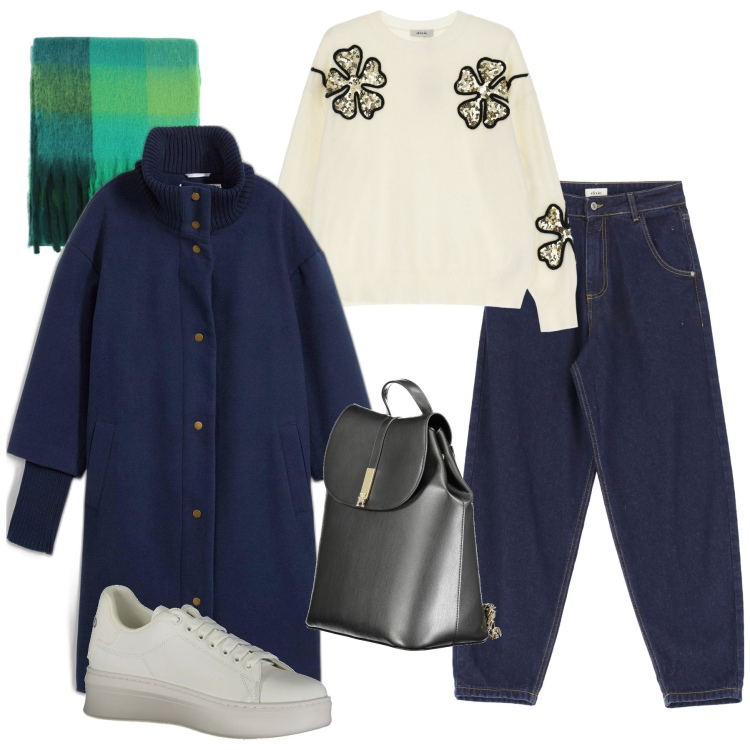 Outfit donna - Sneakers addicted. Stile Trendy per Tutti i giorni. Abbinamento con cappotti, jeans, pullovers, stole, zaini, sneakers.