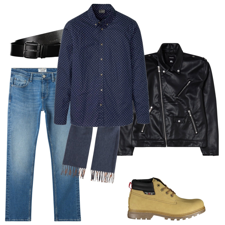 Outfit uomo - Mix and match. Stile Trendy per Tutti i giorni. Abbinamento con camicie, jeans, giacche, cinture, stivali, sciarpe.