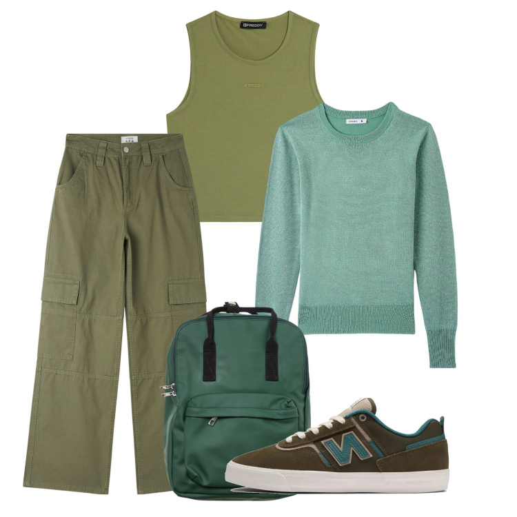 Outfit donna - Stay green. Stile Basic per Tutti i giorni. Abbinamento con zaini, maglieria, pantaloni cargo, sneakers, top.