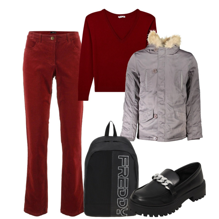 Outfit donna - Red. Stile Casual per Scuola/Università. Abbinamento con pantaloni, maglieria, mocassini, zaini, blazer.