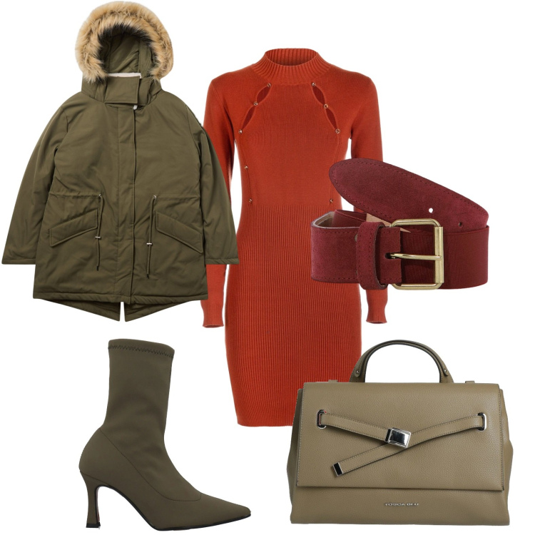 Outfit donna - L\'abito in maglia. Stile Glamour per Serata fuori. Abbinamento con borse a mano, stivaletti, parka, vestiti, cinture.