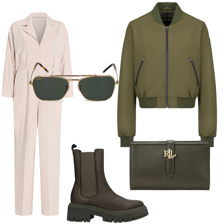 Outfit donna - Stile urban. Stile Bon Ton per Tutti i giorni. Abbinamento con stivaletti, tute, portafogli, bomber, occhiali da sole.