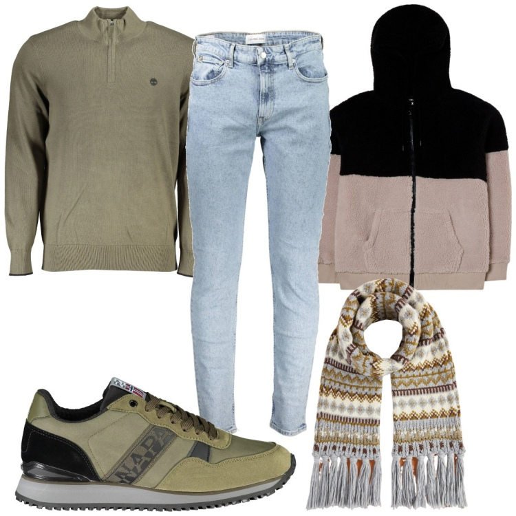 Outfit uomo - Total look #2008648. Stile Casual per Tutti i giorni. Abbinamento con felpe con cappuccio, maglieria, sneakers, sciarpe, jeans.