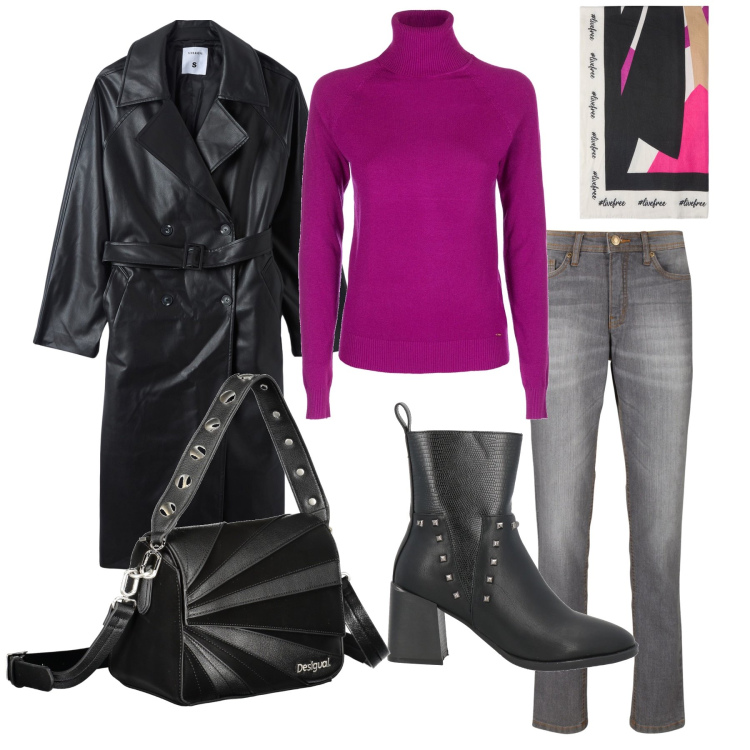 Outfit donna - Il maglione viola. Stile Rock per Tutti i giorni. Abbinamento con jeans mom, stivaletti, trench, maglieria, borse a spalla, sciarpe.