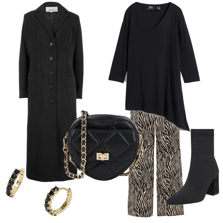 Outfit donna - Serata con le amiche. Stile Glamour per Serata fuori. Abbinamento con cappotti, pantaloni culotte, maglieria, borse a tracolla, stivaletti, orecchini.