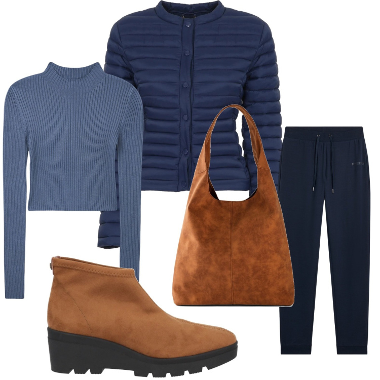 Outfit donna - Gli accessori ruggine. Stile Basic per Ufficio. Abbinamento con stivaletti, shopping bag, maglieria, pantaloni, piumini.