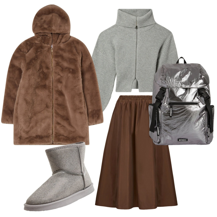 Outfit donna - La giacca in peluche. Stile Trendy per Scuola/Università. Abbinamento con stivali, ecopellicce, cardigans, zaini, gonne lunghe.