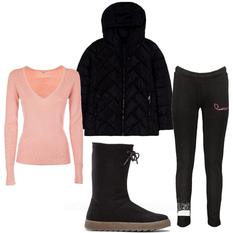 Outfit donna - Comoda e sportiva. Stile Sporty chic per Tutti i giorni. Abbinamento con stivali, blazer, maglieria, pantaloni.