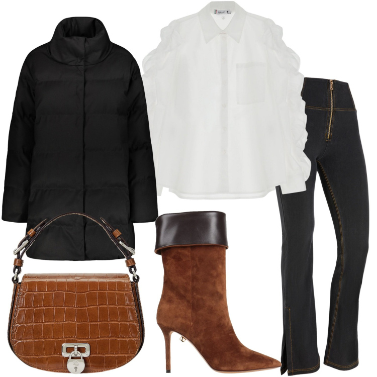 Outfit donna - La camicia particolare. Stile Chic per Serata fuori. Abbinamento con stivali, camicie, jeggings, borse a tracolla, cappotti.