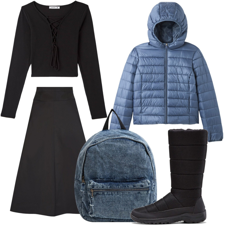 Outfit donna - Zaino in denim. Stile Minimal per Scuola/Università. Abbinamento con stivali, blazer, t-shirt, zaini, gonne.