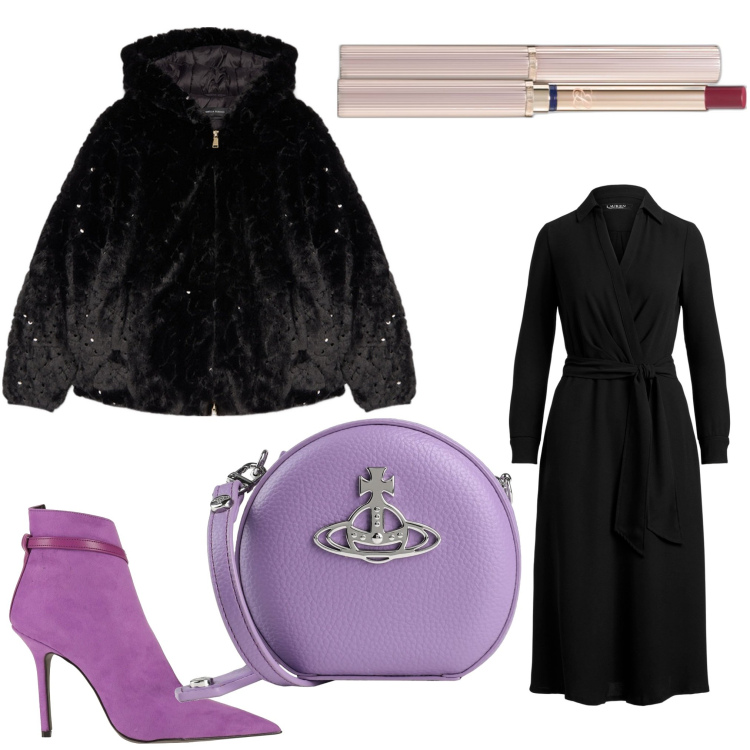 Outfit donna - Pensieri lilla. Stile Chic per Serata fuori. Abbinamento con stivaletti, borse a tracolla, rossetti, vestiti, blazer.
