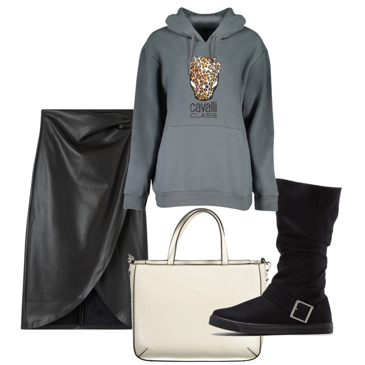 Outfit donna - Grey. Stile Urban per Tutti i giorni. Abbinamento con stivali, gonne, felpe con cappuccio, borse a spalla.
