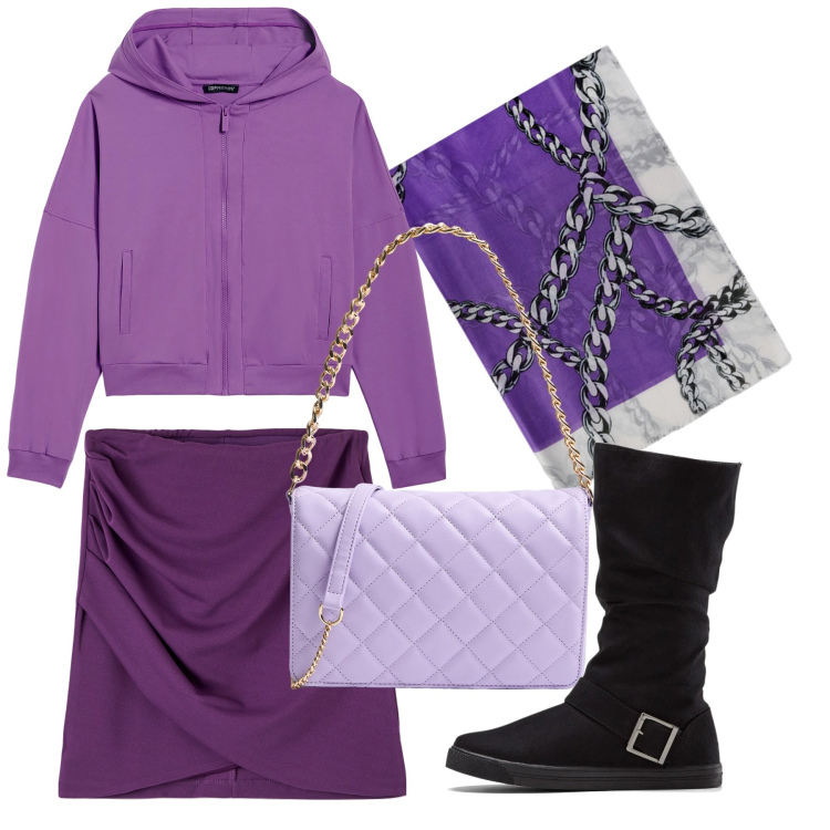 Outfit donna - Viola. Stile Urban per Tutti i giorni. Abbinamento con stivali, gonne, borse a tracolla, felpe con cappuccio, sciarpe.