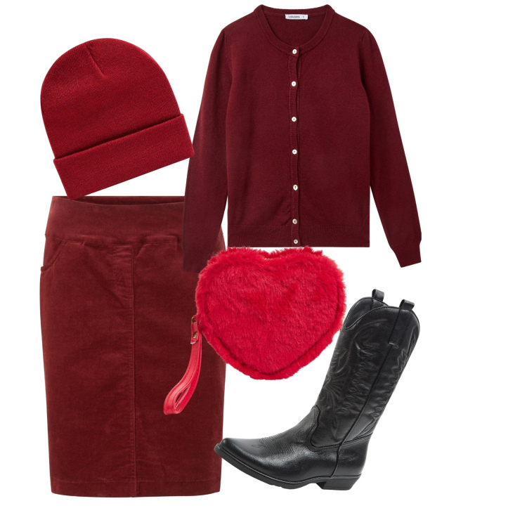 Outfit donna - Heart. Stile Bon Ton per Tutti i giorni. Abbinamento con gonne, portafogli, cardigans, berretti, stivali.