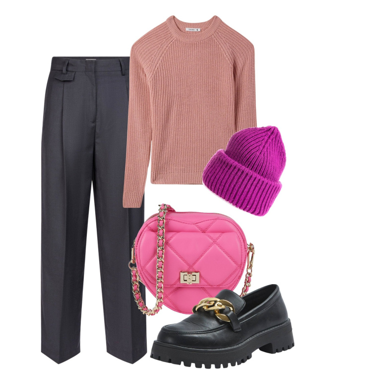 Outfit donna - Ufficio. Stile Bon Ton per Ufficio. Abbinamento con borse a tracolla, maglieria, mocassini, berretti, pantaloni.