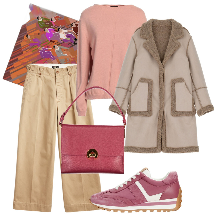 Outfit donna - Tonalità rosate. Stile Bon Ton per Tutti i giorni. Abbinamento con pullovers, cappotti, pantaloni, sneakers, borse a spalla, foulard.