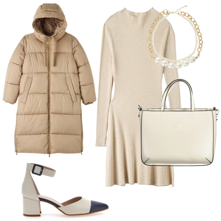 Outfit donna - Tonalità delicate. Stile Bon Ton per Ufficio. Abbinamento con vestiti midi/longuette, piumini, collane, décolleté, borse a spalla.
