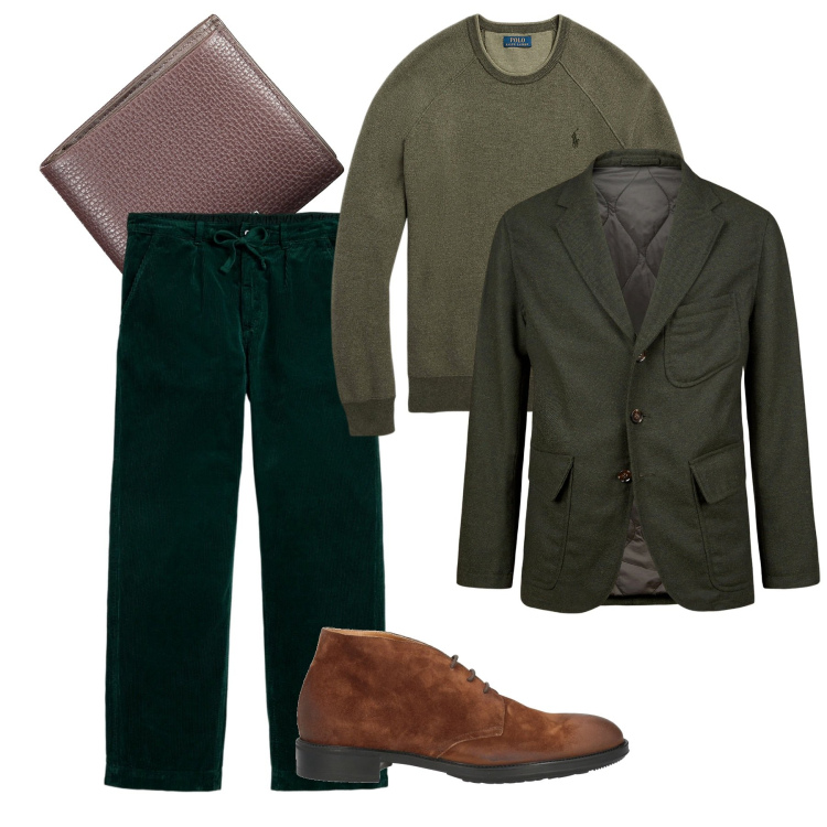 Outfit uomo - Verde e in velluto. Stile Trendy per Serata speciale. Abbinamento con stivali e stivaletti, maglieria, pantaloni, giacche, portafogli.