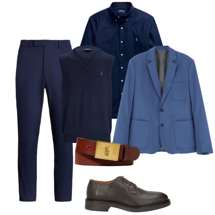 Outfit uomo - In blu per lei. Stile Business/Elegante per Serata speciale. Abbinamento con scarpe stringate, giacche, camicie, cinture, pantaloni, maglieria.