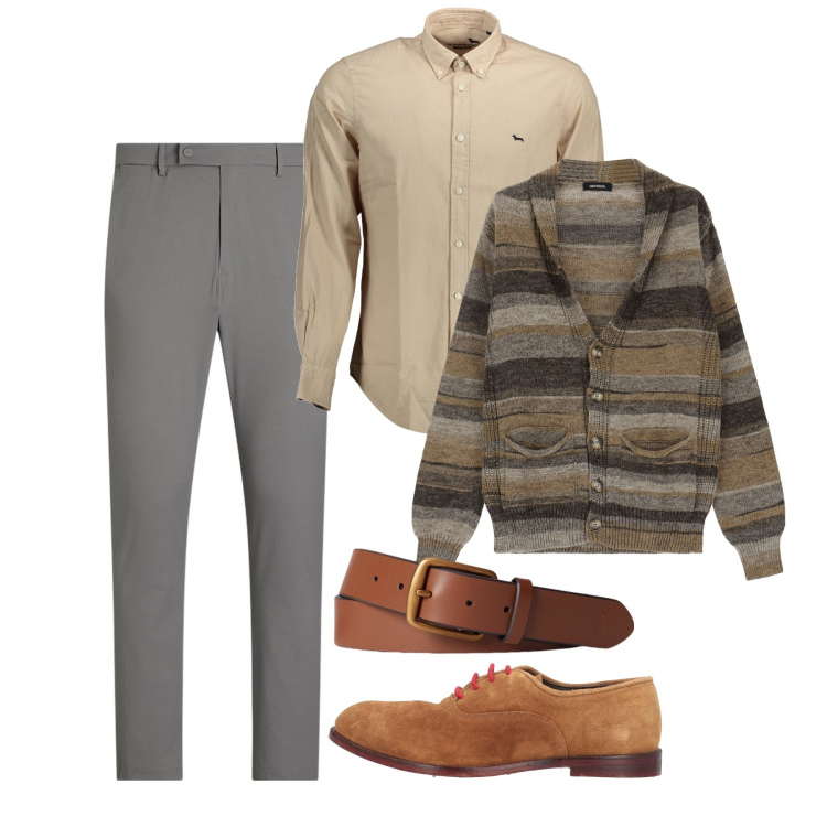 Outfit uomo - Il cardigan over. Stile Trendy per Tutti i giorni. Abbinamento con scarpe stringate, cardigans, cinture, pantaloni, camicie.