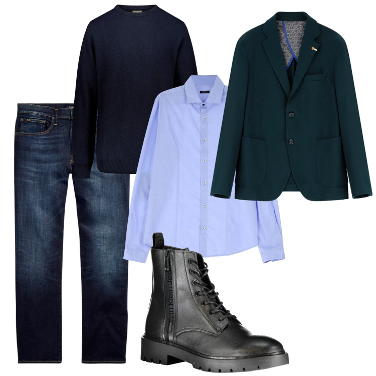 Outfit uomo - La vita in blu. Stile Trendy per Serata speciale. Abbinamento con giacche, camicie, jeans dritti, maglieria, stivali.