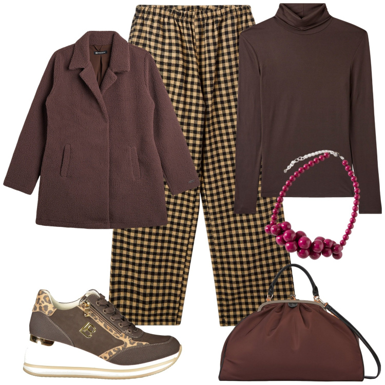 Outfit donna - Toni brown. Stile Basic per Ufficio. Abbinamento con pantaloni, maglieria, blazer, sneakers, borse a spalla, collane.