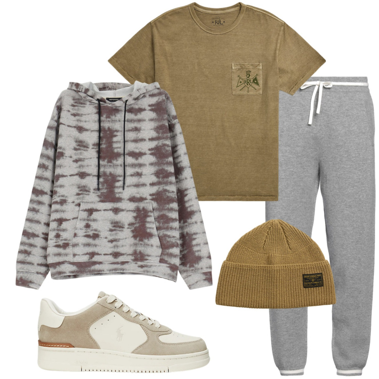 Outfit uomo - Giornata relax. Stile Trendy per Tutti i giorni. Abbinamento con pantaloni, felpe con cappuccio, sneakers, t-shirt, berretti.