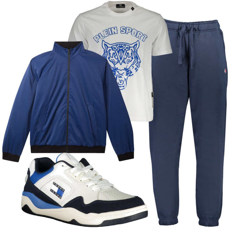Outfit uomo - Bianco e blu. Stile Urban per Sport. Abbinamento con giacche, pantaloni, sneakers, t-shirt.