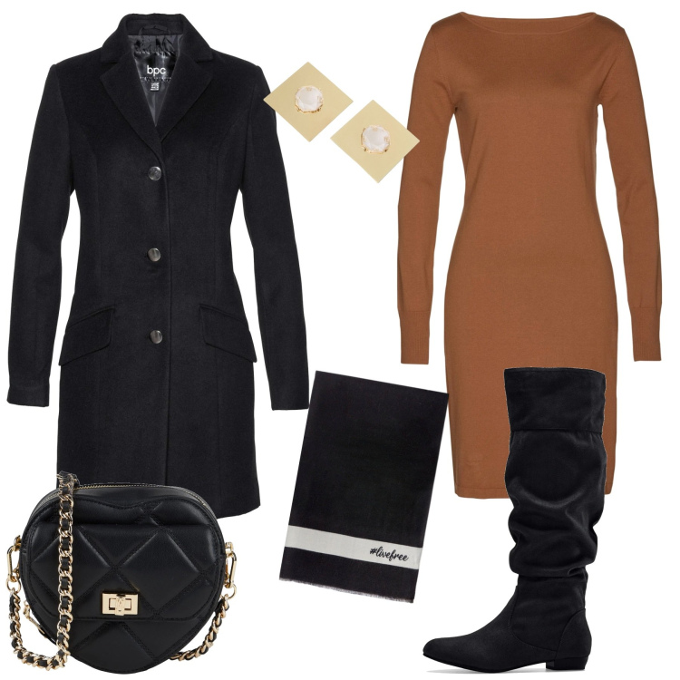 Outfit donna - In città. Stile Glamour per Tutti i giorni. Abbinamento con stivali, cappotti, vestiti, borse a tracolla, orecchini, sciarpe.