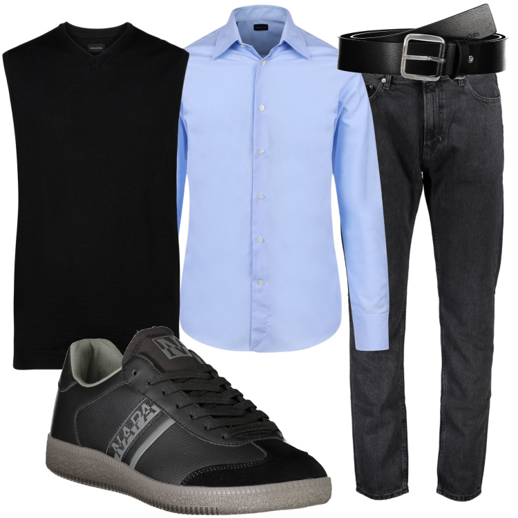 Outfit uomo - Blu e nero. Stile Business/Elegante per Ufficio. Abbinamento con gilet, jeans, camicie, cinture, sneakers.
