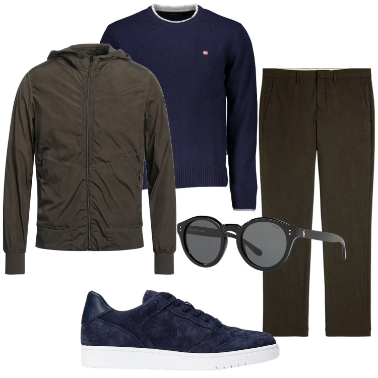Outfit uomo - Total look #2008835. Stile Trendy per Tutti i giorni. Abbinamento con giacche, occhiali da sole, pantaloni, sneakers, maglieria.