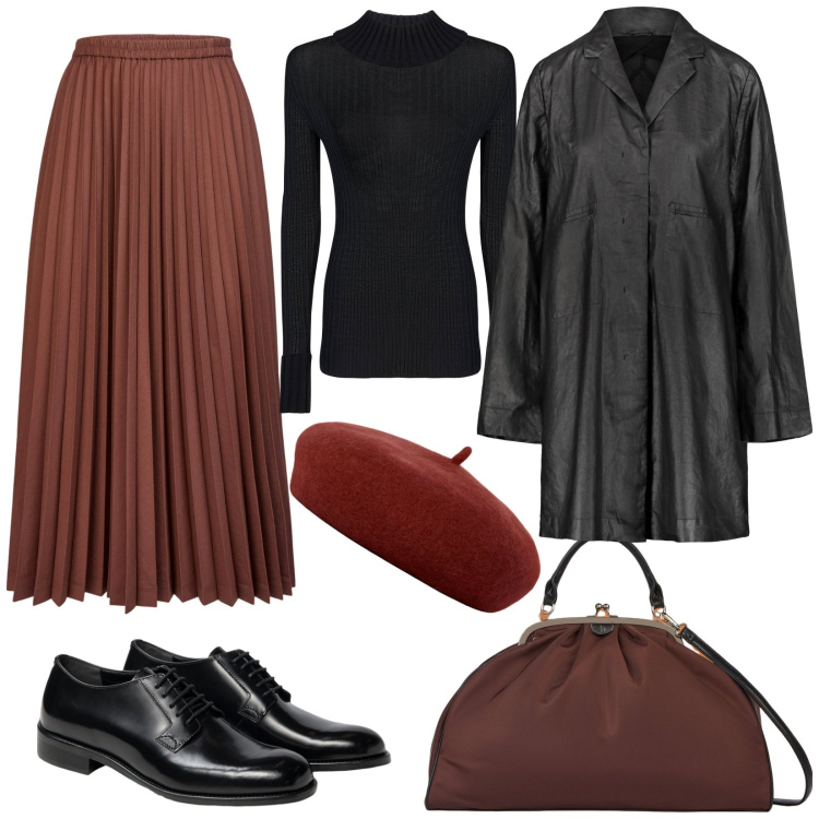 Outfit donna - Paris. Stile Basic per Tutti i giorni. Abbinamento con cappelli e berretti, maglieria, minigonne, trench, scarpe stringate, borse a spalla.