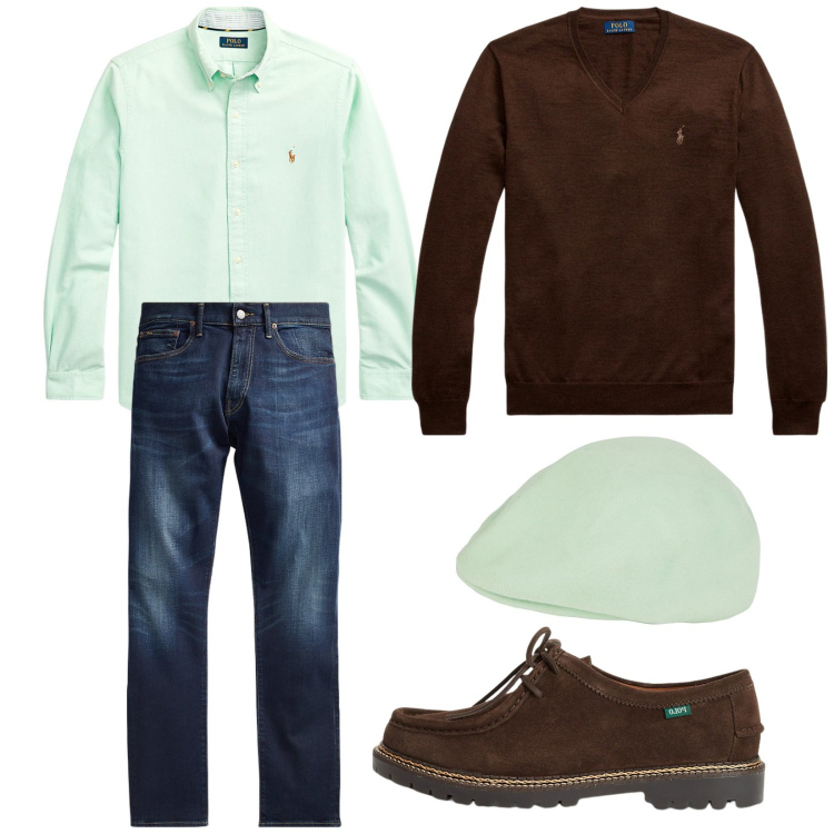 Outfit uomo - Due colori. Stile Trendy per Tutti i giorni. Abbinamento con cappelli, jeans, maglieria, camicie, scarpe stringate.