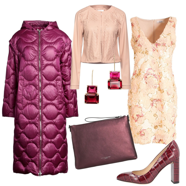 Outfit donna - Giornata fredda per una cerimonia. Stile Chic per Cerimonia. Abbinamento con décolleté, piumini, blazer, borse a mano, vestiti a tubino, orecchini.